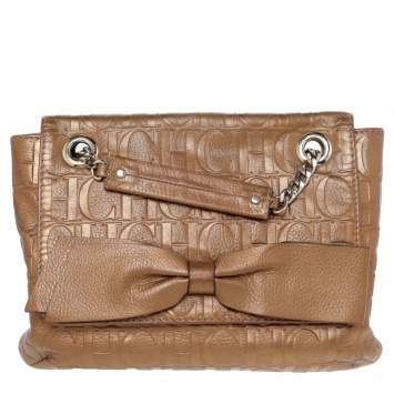 Pre Owned Carolina Herrera Gold Monogram Leather Audrey Shoulder Bag