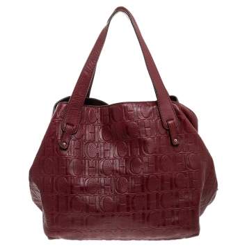 Pre Owned Carolina Herrera Burgundy Monogram Embossed Leather Middle Zip Satchel