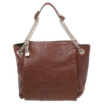 Pre Owned Carolina Herrera Brown Monogram Leather Chain Tote