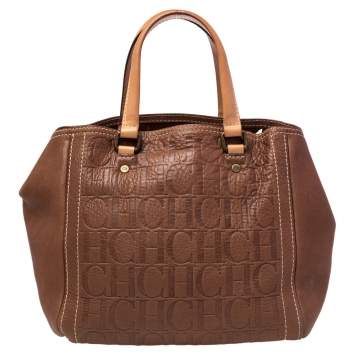 Pre Owned Carolina Herrera Brown Monogram Embossed Leather Andy Tote