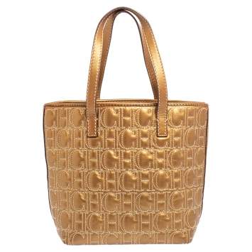 Pre Owned Carolina Herrera Gold Monogram Embossed Leather Tote