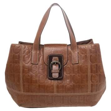 Pre Owned Carolina Herrera Brown Monogram Leather Tote