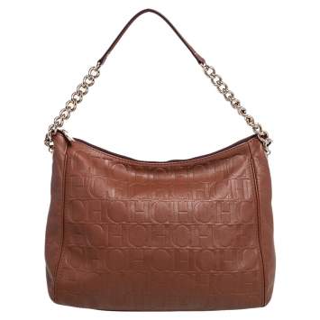 Pre Owned Carolina Herrera Brown Monogram Embossed Leather Chain Hobo