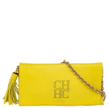 Pre Owned Carolina Herrera Yellow Perforated Logo Leather Flap Tassel Chain Shoulder Bag