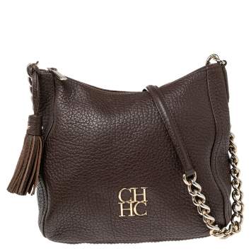 Pre Owned Carolina Herrera Brown Leather Chain Tassel Chain Crossbody Bag