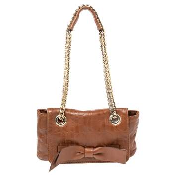 Pre Owned Carolina Herrera Brown Embossed Monogram Leather Bow Chain Shoulder Bag