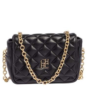 Pre Owned Carolina Herrera Black Quilted Leather Chain Crossbody Bag