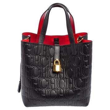 Pre Owned Carolina Herrera Black Monogram Embossed Leather Small Matryoshka Locked Tote