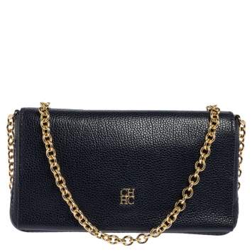 Pre Owned Carolina Herrera Navy Blue Leather Chain Clutch