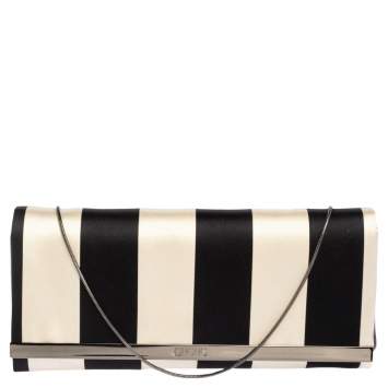 Pre Owned Carolina Herrera Black/White Striped Satin Chain Clutch