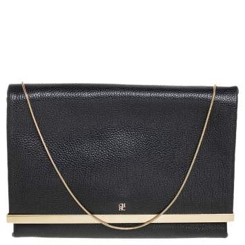 Pre Owned Carolina Herrera Black Leather Metal Flap Chain Clutch