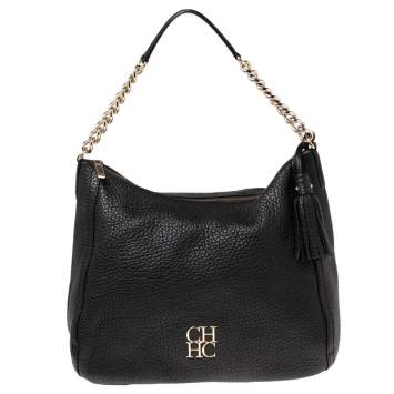 Pre Owned Carolina Herrera Black Leather Chain Tassel Hobo