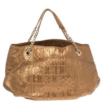 Pre Owned Carolina Herrera Gold Monogram Embossed Leather Chain Hobo