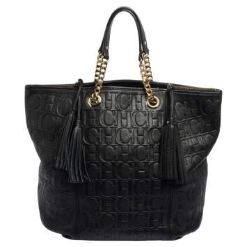 Pre Owned Carolina Herrera Black Monogram Leather Tassel Tote 
