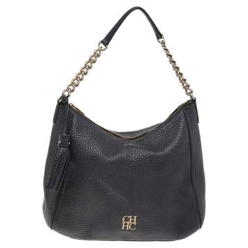 Pre Owned Carolina Herrera Black Pebbled Leather Chain Shoulder Bag