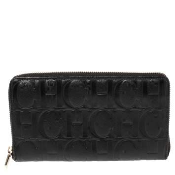 Pre Owned Carolina Herrera Black Monogram Leather Zip Around Wallet