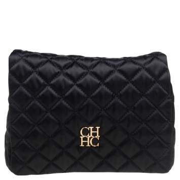 Pre Owned Carolina Herrera Black Quilted Satin Flap Clutch