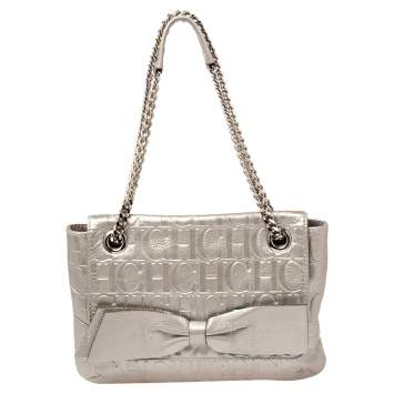 Pre Owned Carolina Herrera Metallic Silver Monogram Leather Audrey Shoulder Bag