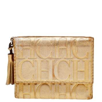 Pre Owned Carolina Herrera Metallic Gold Monogram Leather Tassel Trifold Wallet