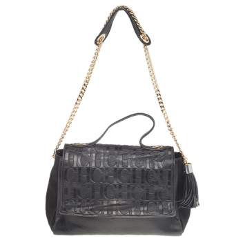 Pre Owned Carolina Herrera Black Leather Monogram Embossed Minuetto Top Handle Bag