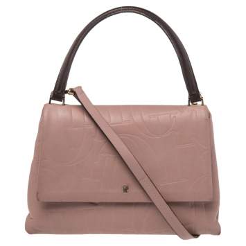 Pre Owned Carolina Herrera Pink Monogram Embossed Leather Top Handle Bag
