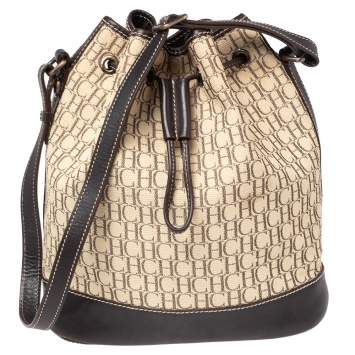 Pre Owned Carolina Herrera Brown/Beige Monogram Canvas and Leather Drawstring Bucket Bag