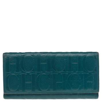 Pre Owned Carolina Herrera Green Monogram Embossed Leather Flap Continental Wallet