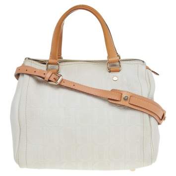 Pre Owned Carolina Herrera White/Brown Leather Monogram Embossed Andy Satchel
