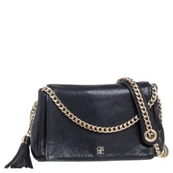 Pre Owned Carolina Herrera Black Leather Chain Flap Shoulder Bag