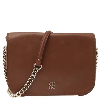 Pre Owned Carolina Herrera Brown Leather Chain Flap Shoulder Bag