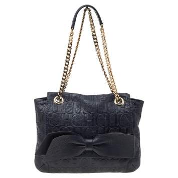 Pre Owned Carolina Herrera Black Monogram Leather Audrey Shoulder Bag