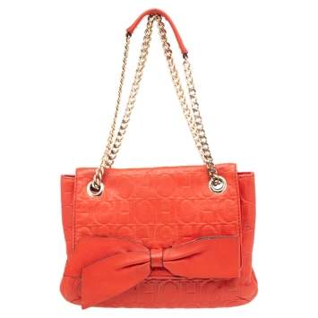 Pre Owned Carolina Herrera Orange Monogram Embossed Leather Audrey Shoulder Bag
