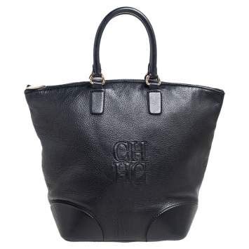Pre Owned Carolina Herrera Black Leather Top Zip Shopper Tote