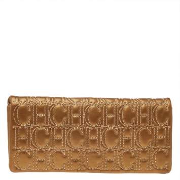 Pre Owned Carolina Herrera Gold Monogram Leather Flap Clutch