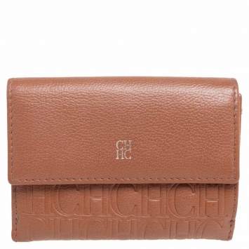 Pre Owned Carolina Herrera Brown Monogram Leather Tri Fold Compact Wallet