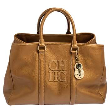 Pre Owned Carolina Herrera Metallic Gold Grained Leather Large Matteo Tote