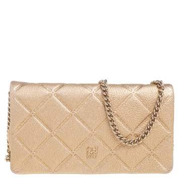 Pre Owned Carolina Herrera Metallic Gold Quilted Leather Flap Chain Shoulder Bag