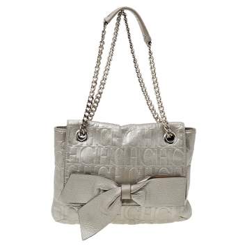 Pre Owned Carolina Herrera Silver Monogram Embossed Leather Bow Flap Shoulder Bag