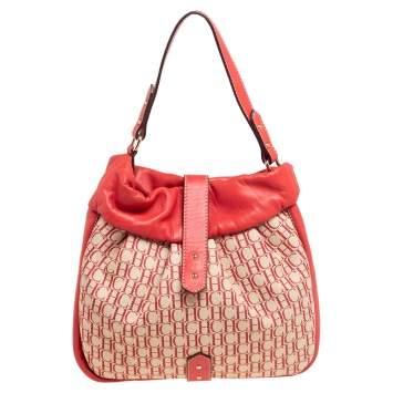 Pre Owned Carolina Herrera Red/Off White Monogram Canvas and Leather Hobo