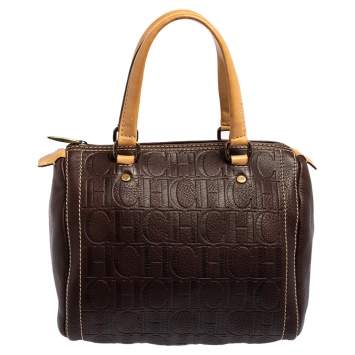 Pre Owned Carolina Herrera Dark Brown Monogram Embossed Leather Andy Boston Bag