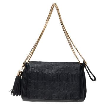 Pre Owned Carolina Herrera Black Leather Chain Flap Shoulder Bag
