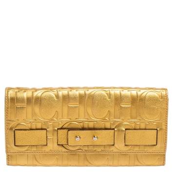 Pre Owned Carolina Herrera Metallic Gold Embossed Leather Flap Continental Wallet