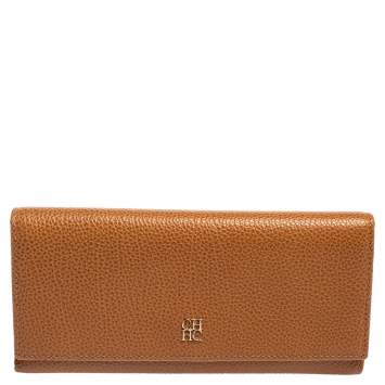 Pre Owned Carolina Herrera Tan Grained Leather Flap Continental Wallet
