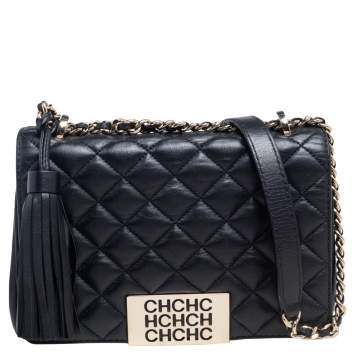 Pre Owned Carolina Herrera Black Quilted Leather Tassel Chain Shoulder Bag