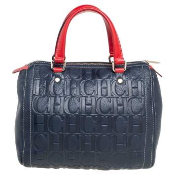 Pre Owned Carolina Herrera Navy Blue/Red Monogram Embossed Leather Andy Boston Bag