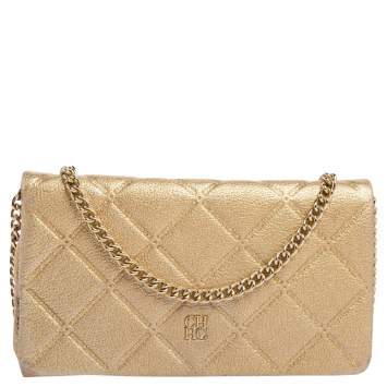 Pre Owned Carolina Herrera Gold Leather Flap Chain Shoulder Bag