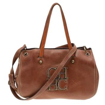 Pre Owned Carolina Herrera Brown Leather Logo Detail Tote