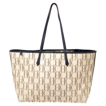 Pre Owned Carolina Herrera Beige/Navy Blue Signature Coated Canvas and Leather Trim Shopper Tote