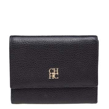 Pre Owned Carolina Herrera Black Leather Trifold Compact Wallet
