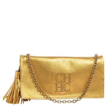 Pre Owned Carolina Herrera Metallic Gold Leather Tassel Chain Crossbody Bag